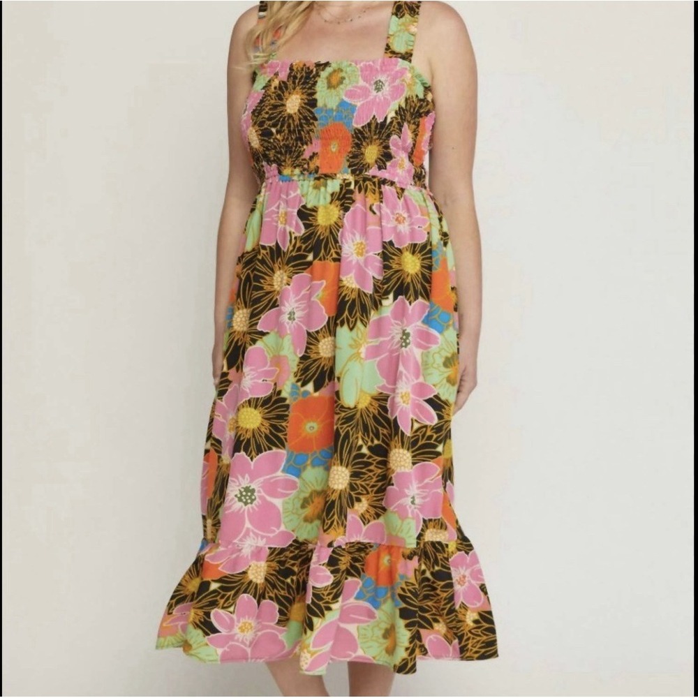 Entro Midi Dress Sleeveless Smocked Floral Boho Beach Sz Large Bold Tiered
